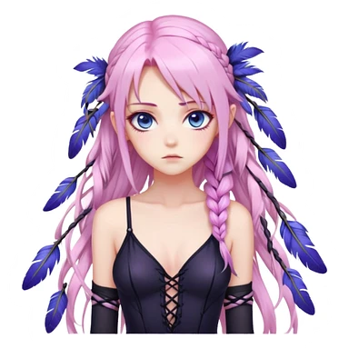 Gorgeous beautiful pretty grumpy anime lady long-pale-pastel-pink-hair with one braid on each side, hanging purple feathers with pink tips in hair, black bodysuit, blue eyes, pink iris, ethereal, fashion aesthetic  sticker