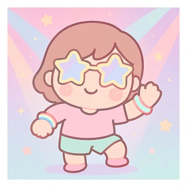 kawaii style dancing character with star shaped sunglasses glow bracelets cheerful expression in rave setting sticker