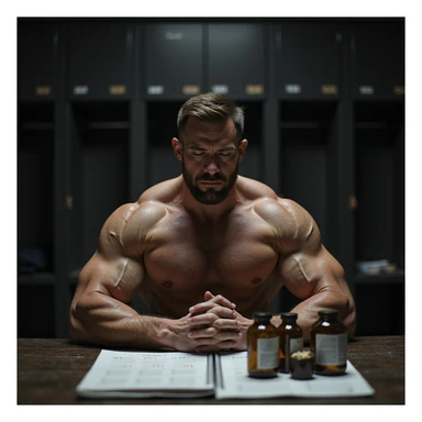 realistic muscular bodybuilder man with serious face, supplements and medical vials on table, calendar with all months of the year behind, very defined physique with visible veins, dark locker room or gym background with dramatic lighting, signs of fatigue sticker
