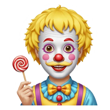 Funny clown — yellow wig, mustache, candy in hand sticker