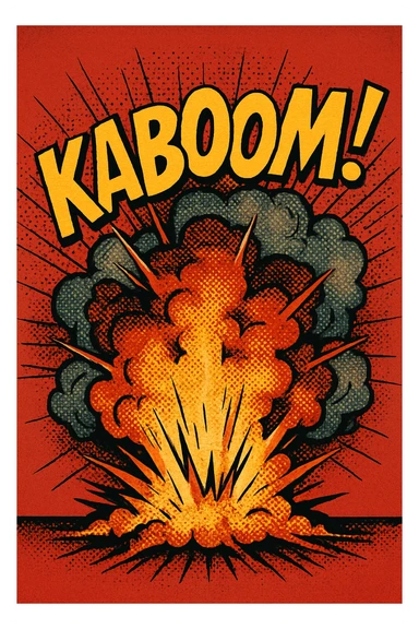 a dramatic explosion with comic sound effects, old school comic book style sticker