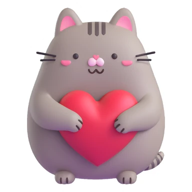 Pusheen hugging a big heart, pastel colors, adorable, 3D emoji style sticker