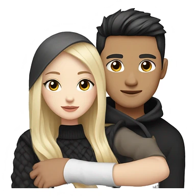 Blonde girl with blue eyes in black sweater and an east asian with light skin man with black hair and black eyes hugging sticker