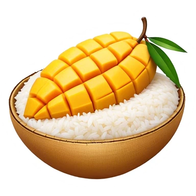 Cinematic Realistic Mango Sticky Rice Dessert Emoji, showcasing sweet sticky rice paired with ripe mango slices and coconut milk rendered with lifelike detail and warm, inviting lighting. sticker