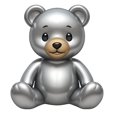 A cute teddy bear emoji made of liquid silver chrome, smooth rounded body, glossy metallic surface, soft reflections, friendly proportions, iOS emoji style, centered, clean white background sticker