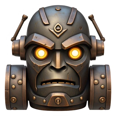 Cinematic Noble Mighty Iron Golem Portrait Emoji Poised and imposing, with a towering, metallic form forged from intricately detailed plates of burnished steel and ancient bronze, etched with faint traces of runes and weathered marks of time. Its piercing, glowing eyes radiate unwavering resolve, casting a solemn and commanding presence; rendered with lifelike texture and natural metallic highlights, high shine, elegant yet indomitable, styled with an aura of legendary endurance, focused and resolute, soft glowing outline, capturing the essence of an eternal guardian, standing vigilant and immovable as if ready to awaken at any moment with unstoppable might! sticker