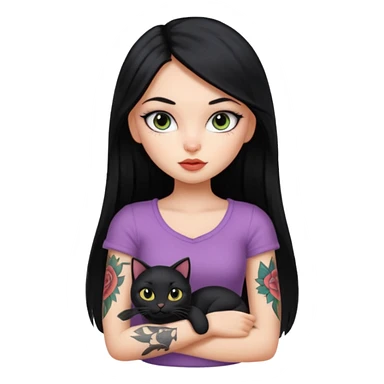 black and long straight hair pretty bratz with tattoo and black cat sticker