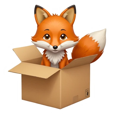 fox sitting upright in a cardboard box with a playful face sticker