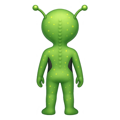 Add more details to this rear view alien in emoji style: visible antennae, subtle back ridges, small glowing spots, and a hint of feet, no background. sticker
