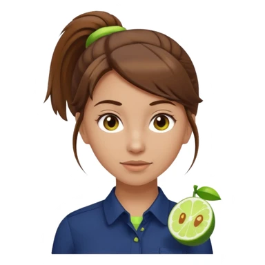 female with brown hair in ponytail, brown eyes, navy blue blouse with lime green Indie Services logo, emoji style, neutral expression sticker