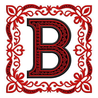 Stylized ruble sign (₽) with Udmurt traditional embroidery patterns, ethnic geometric decoration, red black and white colors sticker
