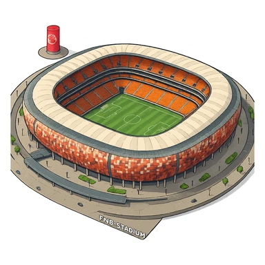 Изометричная, яркая, детализированная и фотореалистичная иллюстрация стадиона FNB Stadium в стиле 3D-коллажей городов, насыщенные цвета, аккуратные и чёткие линии, мультяшно-реалистичная стилистика. Чёткие контуры, не размазанные линии, прозрачный фон, высокое качество. sticker