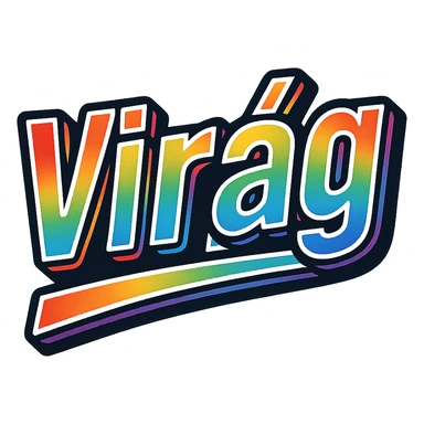 The name 'Virág' in modern, precise Hungarian letters with a rainbow gradient color fill, extra thick white letter outline, dark contour, transparent background, dynamic slanted underline, in the style of the sample images. sticker