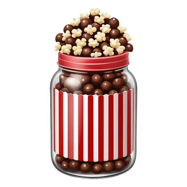 Chocolate popcorn in a jar with red and white vertical lines sticker