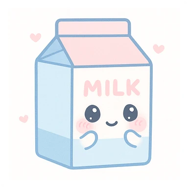 kawaii style milk carton with a shy face, tiny arms, and soft blue and pink colors sticker