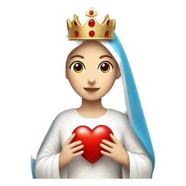 holy mary with a crown, blue veil, white clothes, white skin, holding a red heart in her hands sticker