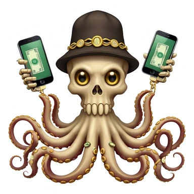 satanic octopus skeleton. Evil looking eyes, wearing a gold necklace and backwards hat. 2 tentacles are holding their own cellphones, 2 other tentacles are holding stacks of cash sticker
