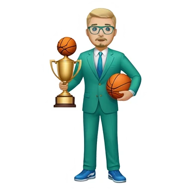 Full Body white fat male  wearing glasses with a goatee with dirty blond very short hair basketball head Coach in blue and green suit holding trophy sticker