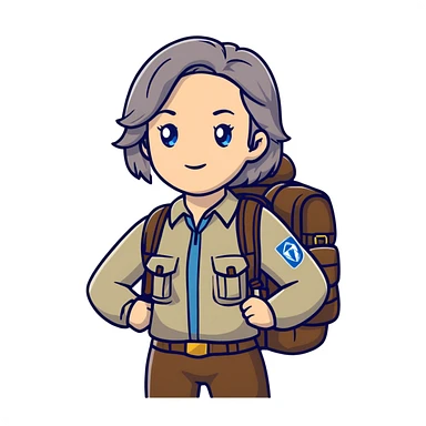 white woman park ranger with blue eyes, brown and gray hair, wearing a backpack, standing in a nature background sticker