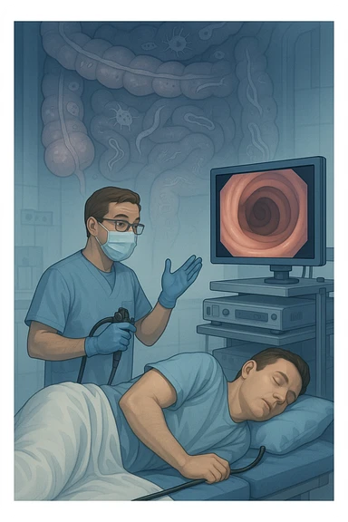 A medical cinematic illustration showing a patient undergoing a colonoscopy in a modern clinical setting. On the monitor, the endoscopic camera shows smooth, healthy-looking intestinal mucosa — clean and without evidentiary signs. But layered symbolically in the background (or faded into the intestinal wall), tiny parasitic organisms like protozoa and helminths are subtly depicted hiding between folds, or embedded deeper in tissues, undetectable by the surface-only scope. The doctor gestures with confidence, while the patient remains unaware that the test might not reveal the true underlying infection. The scene has cool clinical lighting, shallow depth of field, and realistic anatomy, overlaid with symbolic, almost ghost-like imagery of parasites sticker