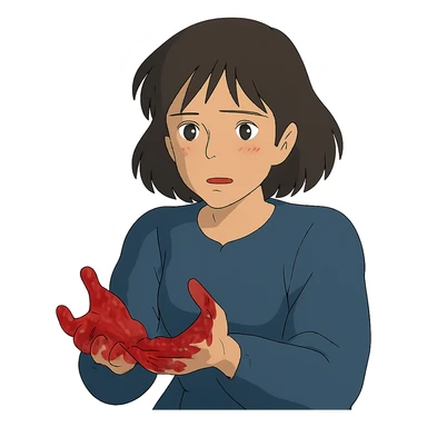 ghibli style illustration of a woman with blood on her hands sticker