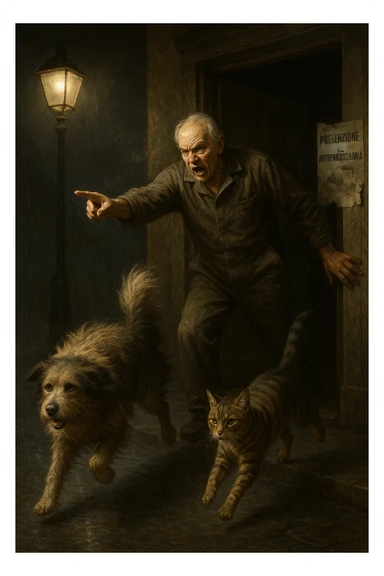 Un uomo anziano in tuta da lavoro, con espressione arrabbiata, butta fuori i suoi animali con aperta la porta di casa mentre il suo cane (un meticcio a pelo lungo) e il gatto (soriano) scappano nella strada buia sotto la pioggia. Particelle di polvere/pulci fluttuano nell'aria illuminata dal lampione. Sullo sfondo, un poster strappato del veterinario con scritto 'Prevenzione antiparassitaria'. Stile fotorealistico, illuminazione Caravaggesca, toni grigi e ocra. in italiano sticker