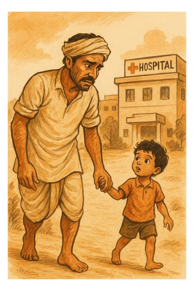 A rural Indian farmer in dhoti, with his young child, approaching a hospital for a health checkup, focus on care and concern, hospital sign visible, expressive illustration sticker