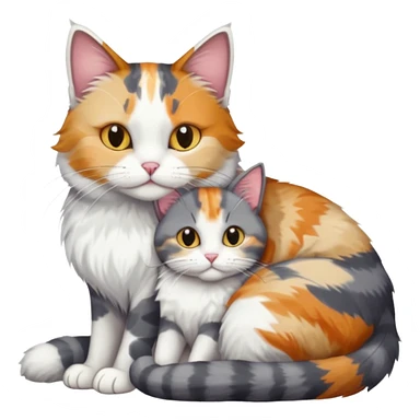 full body colourful light patched calico + white tabby cat cuddling a grey and white cat  sticker