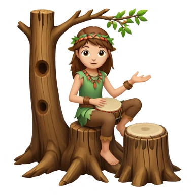 forest spirit girl with short brown mullet playing hand drum, sitting on tree stump sticker