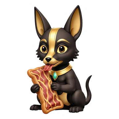  mean Short-eared Black fur beautiful female alien anubis puppy statue posed biting on bacon packaging  sticker
