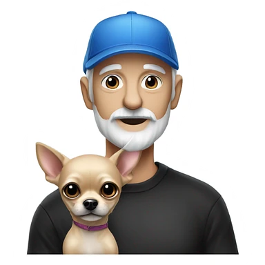 Old man with blue eyes goatee beard ball cap and holds cute black long fur Chihuahua sticker