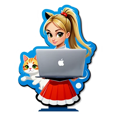 Blonde girl ponytail macBook and a cat sticker
