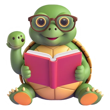 a tortoise wearing glasses, reading a large book, with a cozy and scholarly vibe sticker