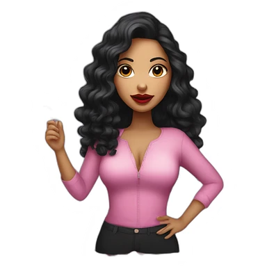 White latin girl with with pink big lips, long curly black hair and wine sticker