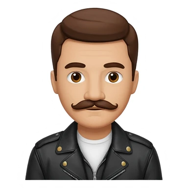 A man with a mustache, wearing a leather jacket sticker