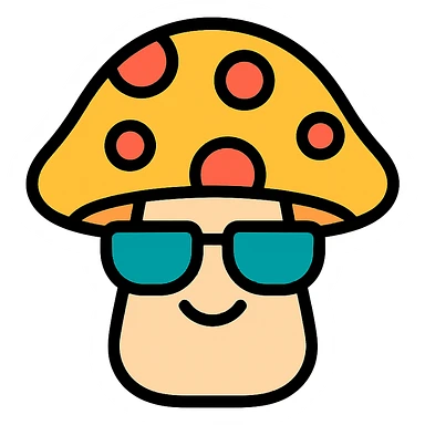 colorful icon of a mushroom with sunglasses and a smile sticker