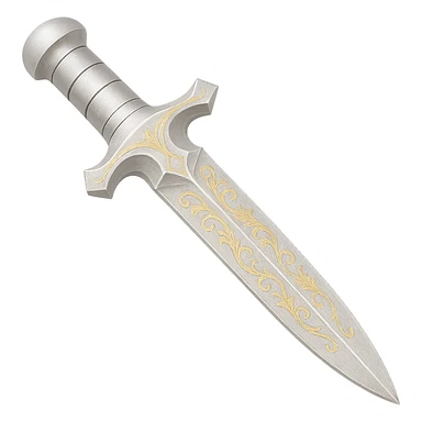 Recolor this weapon to a very light metallic silver color with subtle, elegant gold engravings, matching the gold tone and style of the provided silver shield reference. The gold should be soft and not too yellow or green. Transparent background. sticker