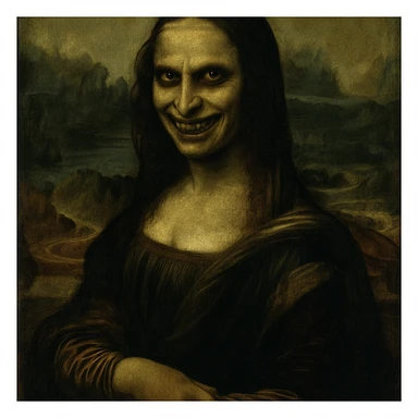 Mona Lisa in an oil painting style, with a scary expression, dark menacing eyes, a sinister grin, and subtle shadowing for a haunting effect sticker