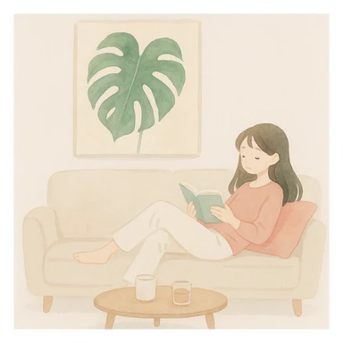 soft watercolor illustration of a cozy living room with a large striking monstera leaf artwork on the wall, a woman lying on a light gray or beige sofa with pink throw pillows reading a book, small round coffee table with drinks or items, calm neutral color palette accented by bold green botanical artwork, pastel colors, delicate linework, gentle whimsical mood, anime-inspired features, minimal soft shading, minimalist modern style sticker