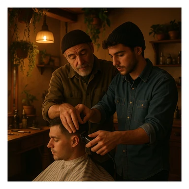 Inside a cozy barbershop with soft lighting, an experienced barber gently teaches his apprentice, guiding his hands as they cut hair together. The room is filled with warmth, plants hanging from the ceiling, and the hum of clippers sticker