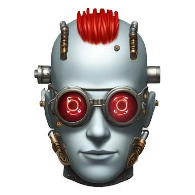 Bald cyborg head with red Mohawk, silver steampunk goggles, red beard and circuits sticker