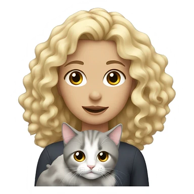 Girl with curly blonde hair holding a grey cat sticker