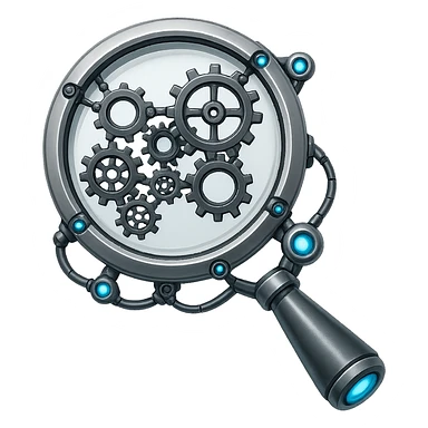 Make this magnifying glass look robotic with metallic textures, robotic joints, and glowing blue accents. Keep the emoji style and no background. sticker