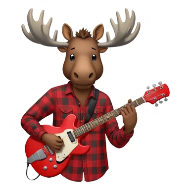  A man with the head of a moose playing a red electric guitar in Alaska. Give him a dark vibe and an attitude sticker