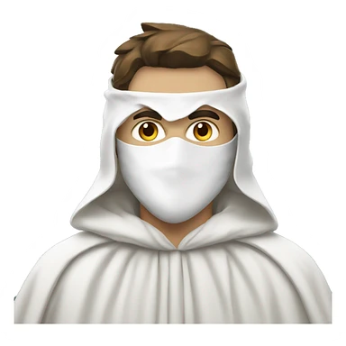 Man wearing white cloak and white mask with a point at the top sticker