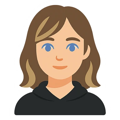 designer girl with blue eyes, shoulder-length brown hair with blonde highlights, wearing a black hoodie sticker