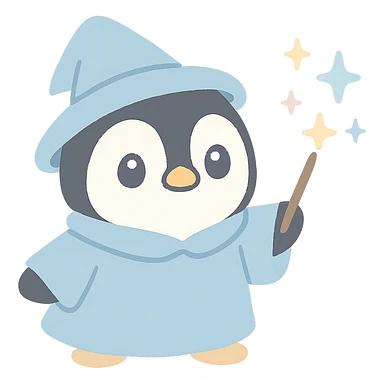 penguin wizard casting a spell, sparkles, blue robe, whimsical sticker