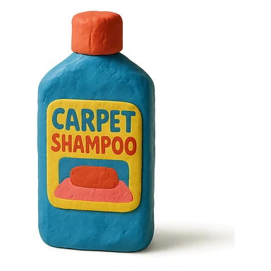 bottle of carpet shampoo with bright label and visible fingerprints, claymation style sticker