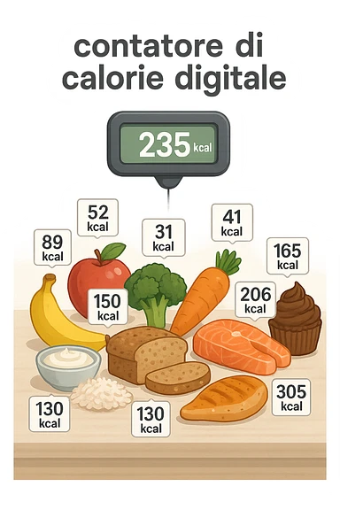 a digital calorie counter hovers above a variety of foods arranged on a table—fruits, vegetables, grains, meats, and desserts. Each food has a floating label showing its calorie content. The background is clean and modern, emphasizing the educational aspect of calorie awareness. scritto in italiano sticker