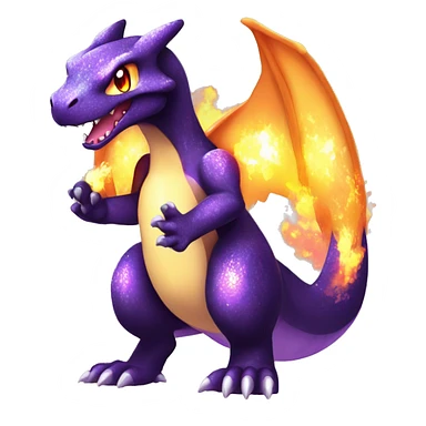 Black shiny sparkly chibi Charizard-Raptor-Fakémon with purple flame on tail full body sticker